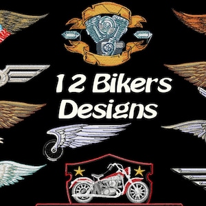 Könnte beinhalten: Eine Sammlung von 12 Biker-Designs, die gestickte Aufnäher mit Flügeln, Motorradmotoren und Motorrädern zeigen. Die Designs umfassen verschiedene Farbschemata und Stile, ideal für Kleidung oder Accessoires.