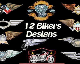 Biker Embroidery Designs: 12 Motorcycle Applique Patterns (4x4 Hoop) (Instant Download)