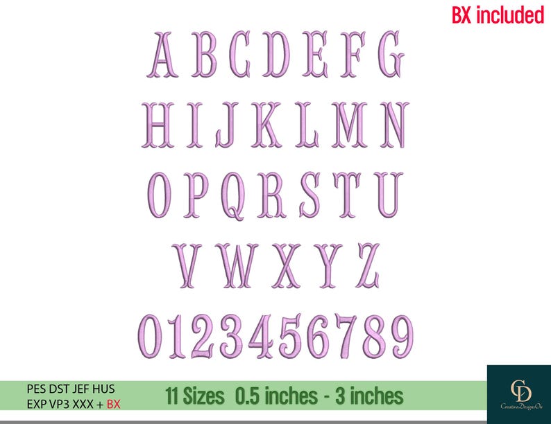 Puede incluir: Un conjunto completo de alfabeto y n&uacute;meros en un delicado color p&uacute;rpura claro. Las letras y los n&uacute;meros se muestran en una fuente serif, con tama&ntilde;os que var&iacute;an de 1,3 cm a 7,6 cm. El texto "BX included" y "11 Sizes 0.5 inches - 3 inches" est&aacute; incluido.