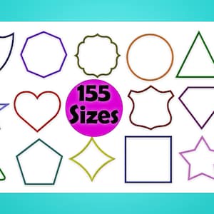 Può includere: Un foglio di carta bianco con 12 forme diverse delineate in vari colori. Le forme includono uno scudo, un ottagono, un cerchio, un triangolo, un cuore, una stella, un diamante, un pentagono, un quadrato e una figura a forma di diamante. Il testo "155 dimensioni" è scritto in lettere nere su un cerchio rosa al centro della pagina.