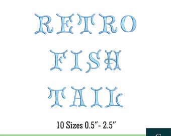 Retro Fishtail Embroidery Font, Monogram 0.5-2.5 inch (Instant Download)