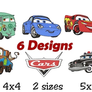 Desenhos de bordados de carros, arquivos de bordados de carros de desenho animado, 6 desenhos de bordados de carros em 2 tamanhos, download instantâneo, bastidor 4x4, bastidor 5x7