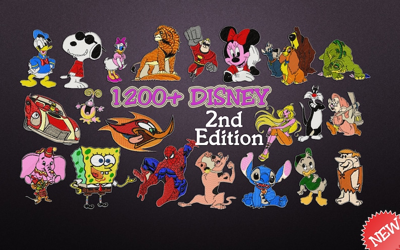 May include: A collection of 20 cartoon character embroidery designs. The designs include Mickey Mouse, Donald Duck, Snoopy, Stitch, Simba, Spiderman, and more. The text reads '1200+ DISNEY 2nd Edition NEW'.