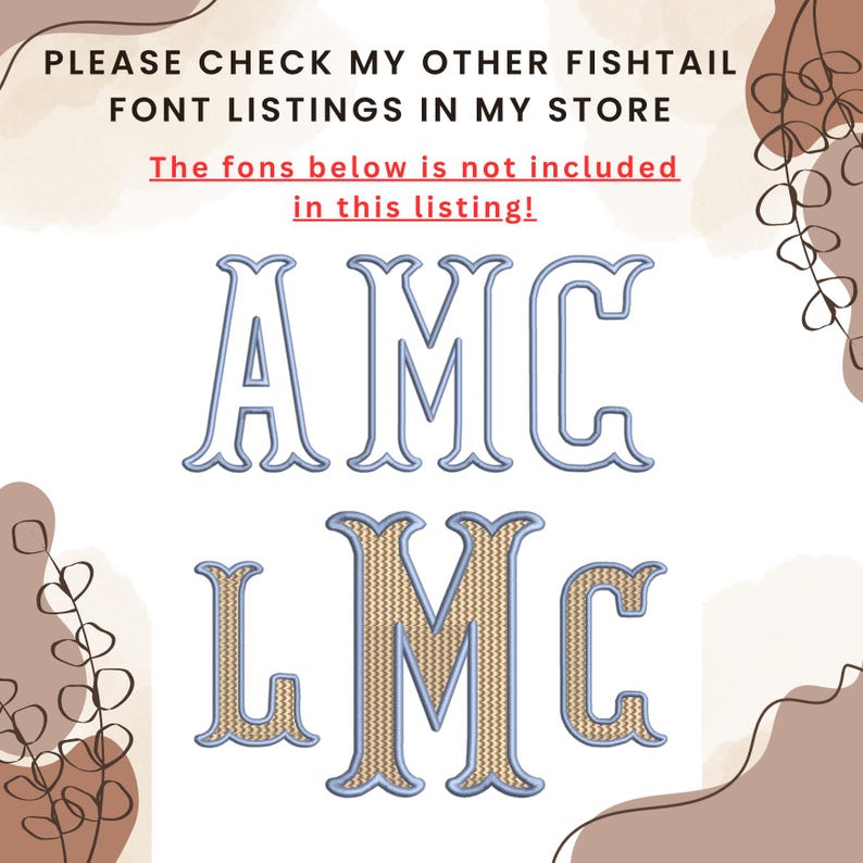 Puede incluir: Imagen que muestra las letras "AMC" y "LMC" en una fuente de cola de pez. Las letras tienen un contorno azul y un relleno con textura dorada. El texto en la parte superior dice "PLEASE CHECK MY OTHER FISHTAIL FONT LISTINGS IN MY STORE".