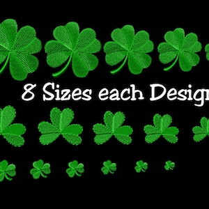 Könnte beinhalten: Acht verschiedene Größen von grünen Kleeblatt-Designs auf schwarzem Hintergrund. Der Text "8 Sizes each Design" ist in Weiß.