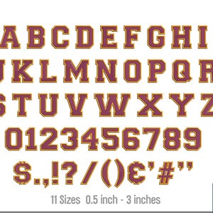 May include: A complete alphabet, numbers, and symbols in a maroon and gold varsity style. The letters and numbers are outlined in gold with a textured maroon fill. The image includes the text "11 Sizes 0.5 inch - 3 inches".