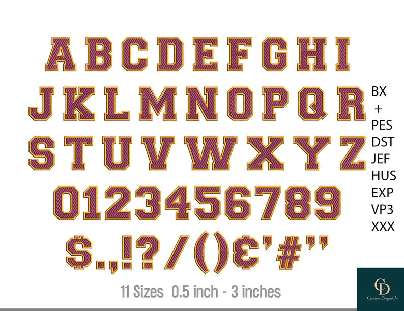 May include: A complete alphabet, numbers, and symbols in a maroon and gold varsity style. The letters and numbers are outlined in gold with a textured maroon fill. The image includes the text "11 Sizes 0.5 inch - 3 inches".