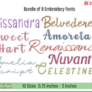 8 Machine Embroidery Fonts, BX, PES, DST Cursive, Monogram Script Alphabet, Satin Font, Boho Signature Font, 10 Sizes, Instant Download