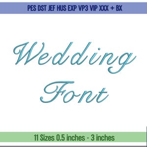 Puede incluir: Diseño de fuente de escritura turquesa con las palabras "Wedding Font" sobre un fondo blanco. La fuente está disponible en 11 tamaños, que van desde 1,27 cm hasta 7,62 cm. La imagen también incluye texto en la parte superior e inferior.