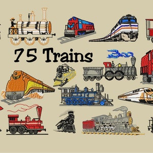 May include: A collection of 75 colorful train embroidery designs for a 4x4 hoop. The designs include various styles of trains, from classic steam engines to modern high-speed trains.