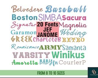 20 Bestselling Embroidery fonts, JEF format Janome, Multiple sizes, Instant download