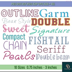 Op de afbeelding: Een digitaal ontwerpbeeld met verschillende tekststijlen, waaronder "OUTLINE", "DOUBLE" en "Pearls". De tekst is in meerdere kleuren en lettertypen. De afbeelding bevat ook maat informatie, variërend van 1,9 cm tot 7,6 cm.