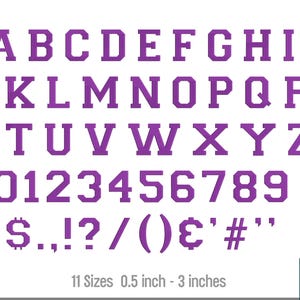 May include: A complete purple alphabet, numbers, and symbols set. The letters and numbers are in a bold, blocky font. The image includes the text "11 Sizes 0.5 inch - 3 inches".