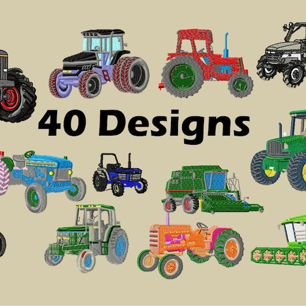 Tractors machine embroidery designs, 40 Tractors machine embroidery files, 4x4 hoop size, Instant download