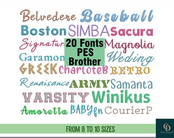 20 Pes Embroidery Fonts, Brother Machine Designs, Instant Download