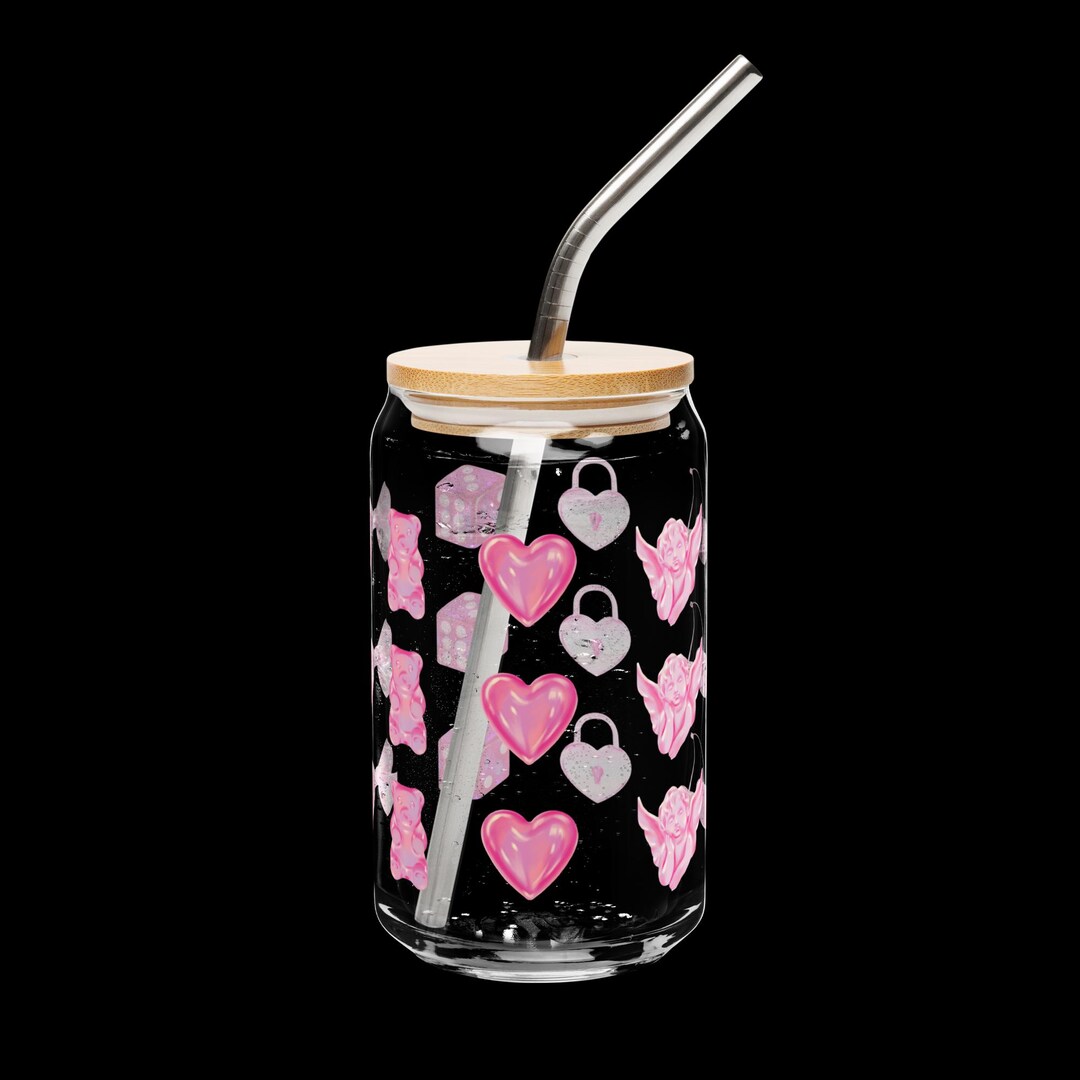 Pink Coquette Aesthetic Clear Glass Sipper Cup | 16oz Glass With Lid ...