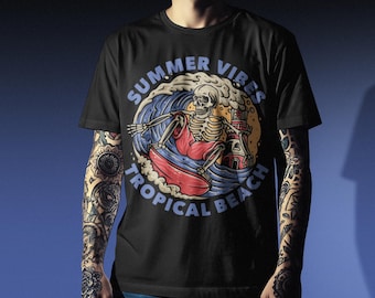Black Comfort Colors T-Shirt, Skeleton Surfer Graphic, Retro Summer Tee