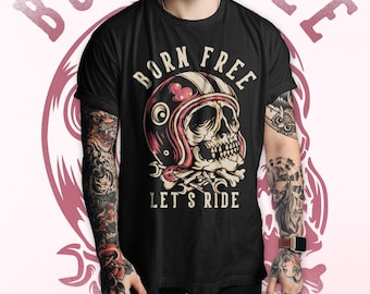 Born Free Biker Skull T-Shirt, Retro Motorcycle Helmet Tee