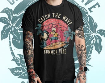 Black Skeleton Surfer Comfort Colors T-Shirt, Summer Vibe