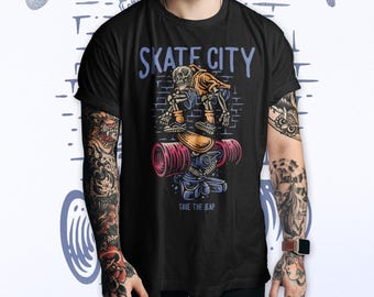 Black Skate City Skeleton Skateboard T-Shirt, Comfort Colors Tee