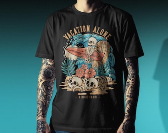 Black Skeleton Surfing T-Shirt, Vacation Alone Comfort Colors Tee