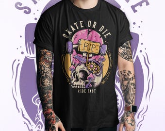 Black Comfort Colors Skate Skull T-Shirt, Retro Punk Streetwear