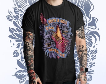 Black Comfort Colors Rock and Roll Guitar Skull T-Shirt