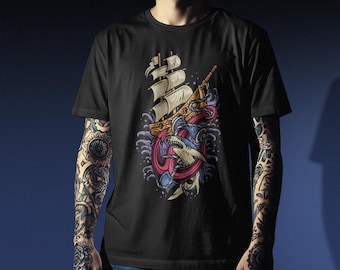 Black Comfort Colors Shark Ship Tattoo Tee, Nautical Art