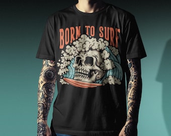 Black Comfort Colors Surf Skull T-Shirt, Retro Beach Graphic