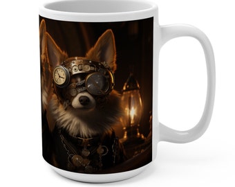 Steampunk corgi mug 15oz, corgi coffee cup, steampunk pets, unique dogs, gift for corgi lover