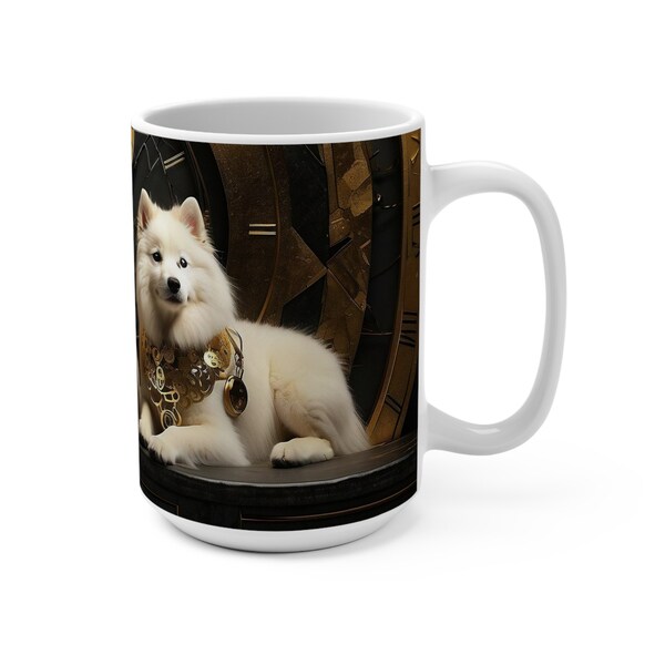 Samoyed mug 15oz, white husky coffee cup, steampunk pets, clockwork clockpunk dogs, unique gift for dog lover