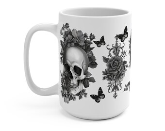 Gothic skull mug 15 oz, Victorian style skull coffee cup, black and white skulls and flowers, momento mori, dark valentine