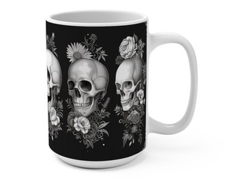 Gothic skull mug 15 oz, Victorian style skull coffee cup, black and white skulls and flowers, dark valentine