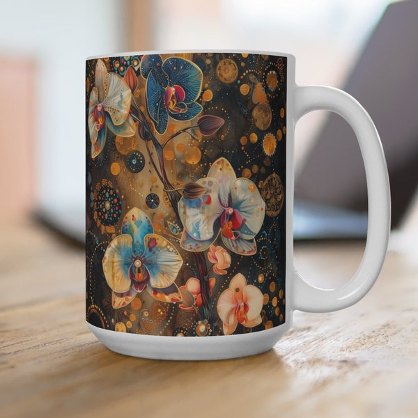 Mug orchidée, tasse à café orchidée steampunk, tasse fleurs sauvages, fleurs printanières abstraites, inspiration klimt, cadeau pour jardinier, jardinage