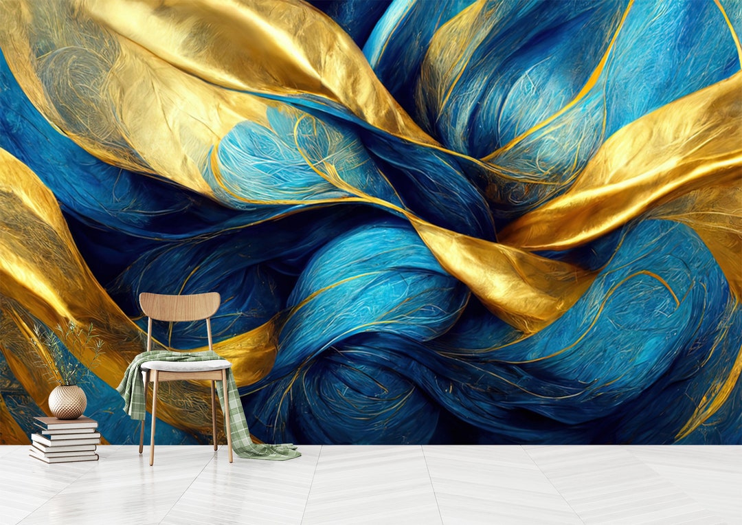 Blue and Gold Marble Wallpaper, Wavy Gold Wall Design, Vibrant Colors ...