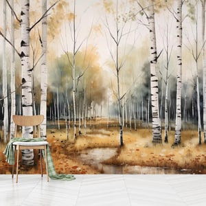 Watercolor Birch Trees Wallpaper Peel and Stick, Autumn Birch Tree Watercolor Wallpaper, Self-Adhesive, Peel and Stick, Non-Woven