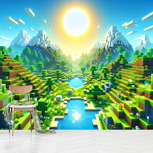 Pixel Landscape Wallpaper,Minecraft Daytime Kids Room Wall Mural,Self Adhesive, Peel and Stick, Non-Woven