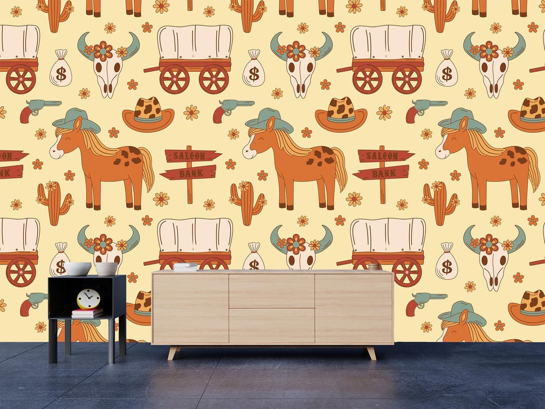 Girl Retro Western Cactus Peel and Stick Wallpaper, Boho Wild West ...