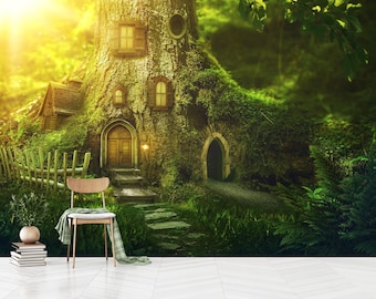 Fantasy Tree House Wallpaper, Kids Room Fairytale Forest Wallpaper Peel and Stick