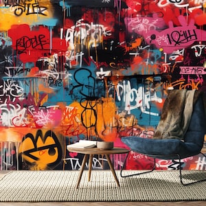 Carta da parati graffiti staccabile e attaccabile, murale graffiti per camera da letto per adolescenti, arte graffiti colorata, autoadesiva, staccabile e attaccabile, tessuto non tessuto