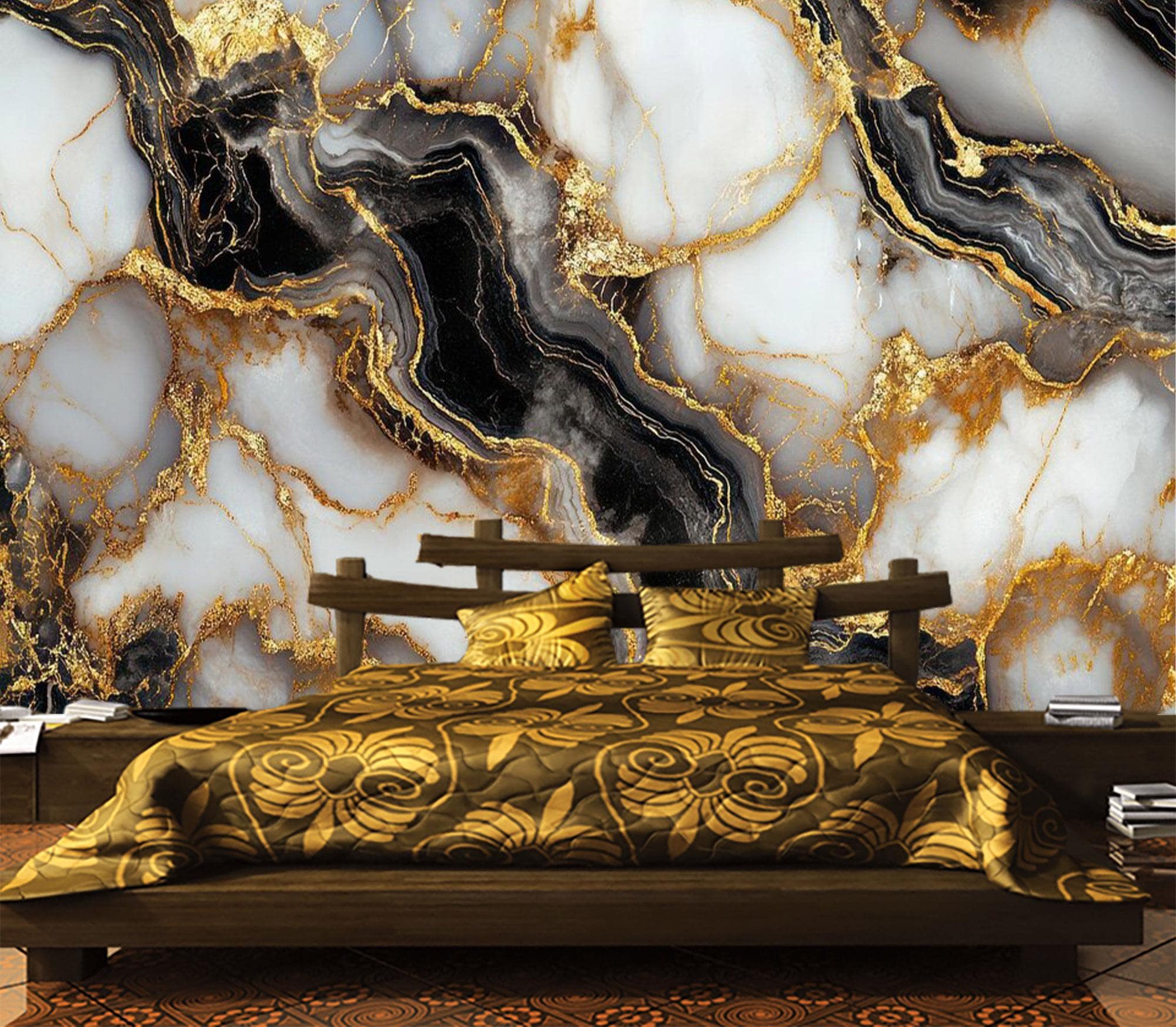 ゴールド大理石の壁紙：モダンな抽象的な石の壁画（剥がして貼るタイプ