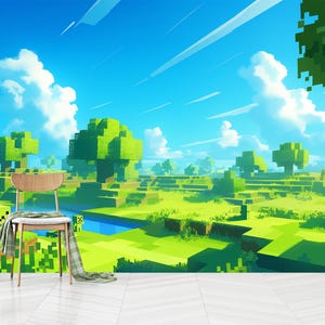 Pixel Block Landscape Wall Mural for Kids Bedroom or Gaming Room,Pixel Wallpaper,Self-Adhesive, Peel and Stick, Non-Woven