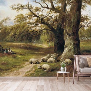 Puede incluir: Pintura de paisaje vintage que representa una escena de bosque con un camino de tierra. Ovejas descansan cerca de un gran árbol. Dos figuras están sentadas bajo un árbol a la izquierda. La obra de arte tiene una paleta de colores apagados.