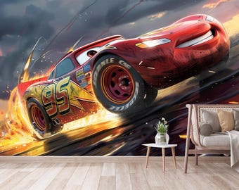 Lightning McQueen Kinderzimmer Tapete: Schälen und Aufkleben Auto Wandbild