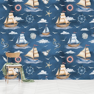 Nautical Wallpaper: Lighthouse, Sailing Boat, Peel and Stick Non-Woven