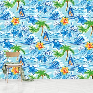 Hawaiian Waves Seamless Pattern Wallpaper, Hawaii Vacation Print,Ocean Waves,Blue Sea Wave,Self-Adhesive, Peel And Stick, Non-Woven