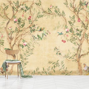 Spring Flowers Birds Vintage Chinoiserie Wallpaper,Floral Wallpaper With Birds,Self Adhesive, Peel and Stick, Non-Woven