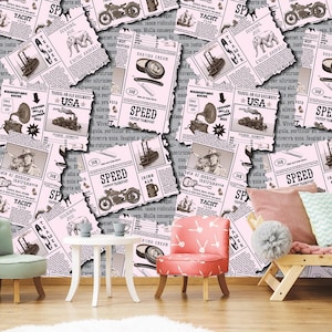 Carta da parati con giornale, decorazione murale retrò vintage, carta da parati con collage di giornali, autoadesiva, stacca e attacca, non tessuta