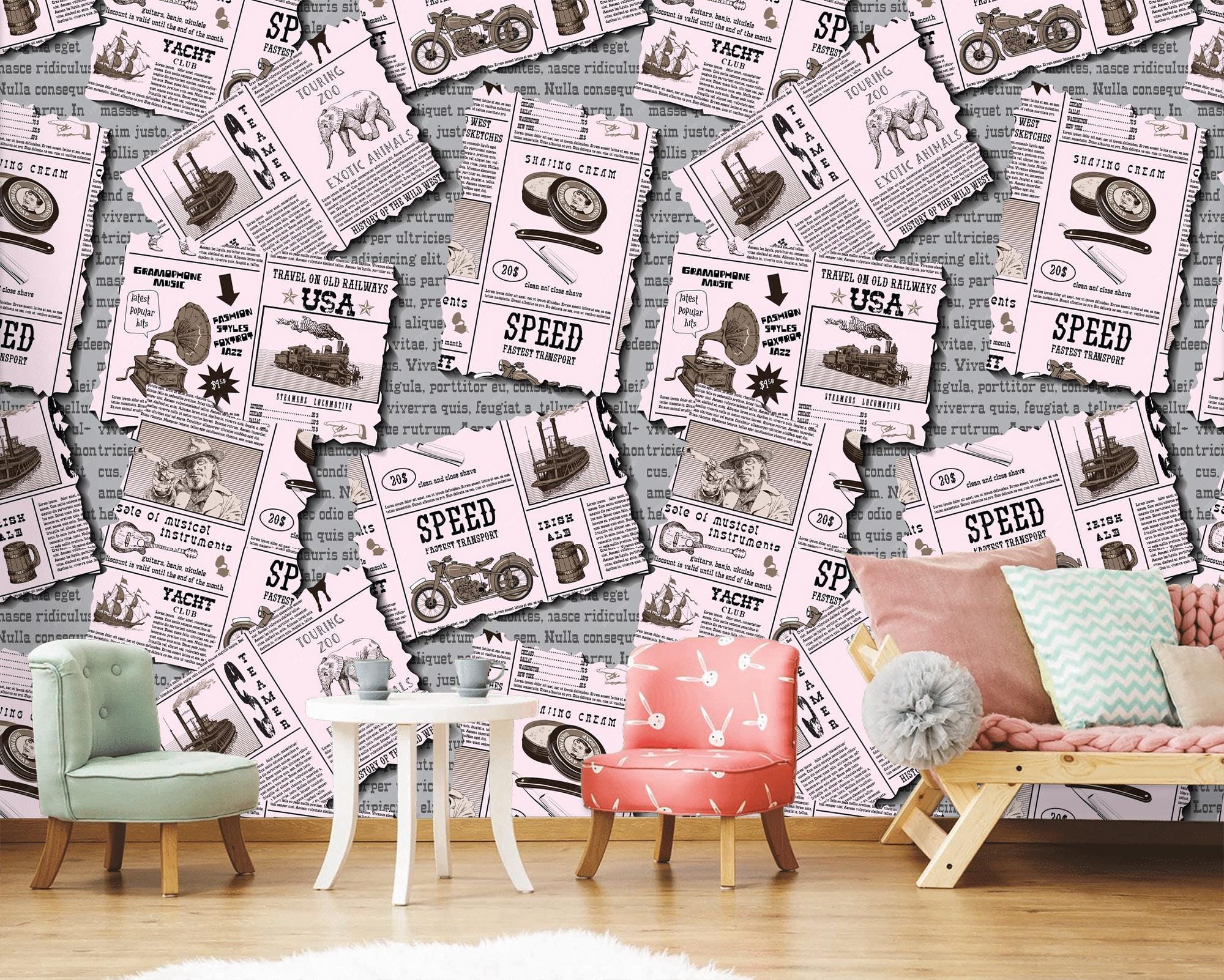 Retro Newspaper Collage Wallpaper: Vintage Style, Self-adhesive - Etsy, image size:2000x1602