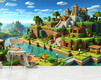 Pixel Castle Wallpaper,Pixel Daytime Kids Room Wall Mural